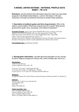 A MODEL UNITED NATIONS – NATIONAL PROFILE DATA SHEET - YR. 9,10<br />Directions: Use this sheet to find information about the nation you have been assigned in the Model United Nations. Look for information in the web resources or through conventional resources to answer these questions.<br />1. Description of political system and form of government. (Who is the nation’s current leader? What kind of government is in place? What are the government’s goals, aims, successes, and method of operation?<br /> <br />Executive branch : chief of state: Queen MARGRETHE II (since 14 January 1972); Heir Apparent Crown Prince FREDERIK, elder son of the monarch (born 26 May 1968)<br />head of government: Prime Minister Lars Loekke RASMUSSEN (since 5 April 2009)<br />cabinet: Council of State appointed by the monarch ) <br />elections: the monarch is hereditary; following legislative elections, the leader of the majority party or the leader of the majority coalition is usually appointed prime minister by the monarch<br />Government type : constitutional monarchy<br /> <br />2. Demographic Information: List data about the population of your country, its ethnic religious background, literacy rate, infant mortality rate, and so on. <br />     <br />Populations : <br />5,500,510 (July 2009 est.)<br />country comparison to the world : 109<br />0-14 years: 18.1% (male 511,882/female 485,782)<br />15-64 years: 65.8% (male 1,817,800/female 1,798,964)<br />65 years and over: 16.1% (male 387,142/female 498,940) (2009 est.)<br />Religions : <br />Evangelical Lutheran 95%, other Christian (includes Protestant and Roman Catholic) 3%, Muslim 2%<br />Literacy : <br />definition: age 15 and over can read and write <br />total population: 99%<br />male: 99%<br />female: 99% (2003 est.)<br />Infant mortality rate :<br />total: 4.34 deaths/1,000 live births<br />country comparison to the world : 203<br />male: 4.39 deaths/1,000 live births<br />female: 4.29 deaths/1,000 live births (2009 est.)<br />3. Economy: Include information about the nation’s Gross Domestic Product, inflation, unemployment, etc., and any other relevant or revealing economic data. <br /> <br />GDP :<br />$36,200 (2009 est.)<br />country comparison to the world: 29 <br />$37,700 (2008 est.)<br />$38,200 (2007 est.)<br />note: data are in 2009 US dollars<br />Inflation rate : <br />1.3% (2009 est.)<br />country comparison to the world : 49 <br />3.4% (2008 est.)<br />Unemployment rate : <br />3.6% (2009 est.)<br />country comparison to the world: 33 <br />1.842% (2008 est.)<br />  <br />4. Major Domestic Issues or Concerns of the Nation<br />Have you ever heard of Hans Island? Many people in Denmark and Canada have. This rocky piece of land comprising only half a square mile (1.3 sq. km) near the North Pole is claimed by both nations. In spite of the fact that it is uninhabitable and has no exploitable natural resources, the dispute over whose territory it is has heated up. This dispute started in 1973 when a line was drawn on a map to determine the border between Canada and Greenland (technically part of Denmark, but has home rule) that did not take the tiny island into consideration.<br />Both nations have been erecting flags on the rock and hurling insults at each other over the internet for several years, but now the Danes are donning Viking garb, and preparing to board swan boats as Canadians prepare to mobilize their Navy. The most recent provocation came when Canadian Defense Minister, Bill Graham traveled to the barren rock on Friday July 22. Since the Danes view Hans Island as theirs, they were angry that a foreign official did not ask permission to visit, or even announce his intentions beforehand. Danish officials called this visit an occupation. They immediately complained to Canada's Ambassador saying, quot;
We maintain the position that according to the normal principles of international law, that this is Danish territory.quot;
  Canada's response was, quot;
We have reiterated to them our own position, which is, given the fact that Hans Island is part of Canadian territory, we don't have to give prior notification, we are drawing the line in the sand.quot;
<br />Is this diminutive rock that Inuit occasionally use to hunt marine mammals really worth fighting for? That is a question that only the Danes and Canadians can answer, but if the answer is yes, there will be blood on the rocks and red ice!<br />5. Recent Conflicts Involving Your Nation: <br />Iceland, the UK, and Ireland dispute Denmark's claim that the Faroe Islands' continental shelf extends beyond 200 nm; Faroese continue to study proposals for full independence; sovereignty dispute with Canada over Hans Island in the Kennedy Channel between Ellesmere Island and Greenland<br />6. Membership in Major Alliances and Organization:<br />The Federation of Danish Industries and the Industrialists' Association in Copenhagen represent industrial undertakings and trade associations, safeguard and promote the interests of industry, and deal with trade questions of an economic nature. The Danish Confederation of Trade Unions has also been influential. The Council of Handicrafts represents various crafts, trades, and industries, and gives subsidies to technical and trade schools. The leading organizations of the wholesale trade are the Copenhagen Chamber of Commerce, and the Provincial Chamber of Commerce. There are also active professional societies representing a broad range of career fields. <br />A wide variety of organizations exist to promote research and education in medical and scientific fields, such as Danish Academy of Technical Sciences. A number of national and regional cultural organizations are active, as are associations representing popular sports and recreational activities. Youth organizations include the Conservative Youth of Denmark, Danish 4-H Youth, Danish Socialist Democratic, Faroe Islands Youth Council, Greenland Youth Council (SORLAK), scouting programs, and YMCA/YWCA. Denmark has active chapters of The Red Cross, Greenpeace, and Amnesty International. <br />7. Major Global Issues that should have a direct impact on your nation:<br />Greenland's ice sheet is melting into the sea much faster today than it was just a few years ago, according to an analysis of satellite observations reported today in the journal Nature. <br />The rate of ice-mass loss from the Danish-owned island increased by 250 percent during a period spanning May 2004 to April 2006 relative to the period from April 2002 to April 2004, the study concludes. The new finding confirms an independent analysis of the same satellite date reported in the August 10 issue of the journal Science. <br />quot;
Two hundred and fifty percent is huge,quot;
 said Isabella Velicogna, an earth scientist at the NASA Jet Propulsion Laboratory in Pasadena, California, and study co-author. <br />quot;
We're talking two times and a half more mass loss. What that tells us is we want to keep our eyes open and check what's going on with these glaciers,quot;
 she added. <br />Ice is now being lost from the island at a rate of 59 cubic miles (248 cubic kilometers) a year, sufficient to push global sea levels up 0.02 inch (0.5 millimeter) a year, the team reports. <br />If all the ice on Greenland were to melt into the North Atlantic Ocean, scientists estimate that global sea levels would rise by 23 feet (7 meters). <br />Warming Link <br />Both the Nature and Science studies use data from the Gravity Recovery and Climate Experiment (GRACE) satellites, which measure monthly changes in Earth's gravitational field. <br />Liquid water is denser than ice and so has a stronger gravitational pull. <br />The satellites can therefore measure changes in Greenland's mass over time to determine the rate at which ice is melting. <br />8. Date of UN Membership : <br />1945  Oct. 24th <br />Sources : <br />Jan. 2010. <https://www.cia.gov/library/publications/the-world-factbook/geos/da.html>.<br />quot;
Organizations - Denmark - export, farming.quot;
 Encyclopedia of the Nations - Information about countries of the world, United Nations, and World Leaders. N.p., n.d. Web. 1 Mar. 2010. <http://www.nationsencyclopedia.com/Europe/Denmark-ORGANIZATIONS.html>.<br />Radstein, Ben. quot;
CANADA AND DENMARK AT THE BRINK OF WAR.quot;
 The UNCOVEROR: Revealing what they don't want you to know. It's the real news!. N.p., n.d. Web. 1 Mar. 2010. <http://www.uncoveror.com/canada_and_denmark.htm>.<br />quot;
Greenland's Ice Melt Grew by 250 Percent, Satellites Show.quot;
 Daily Nature and Science News and Headlines | National Geographic News. N.p., n.d. Web. 1 Mar. 2010. <http://news.nationalgeographic.com/news/2006/09/060920-greenland-ice.html>. <br />