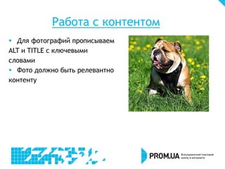 Работа с контентом
 Для фотографий прописываем
ALT и TITLE с ключевыми
словами
 Фото должно быть релевантно
контенту
 