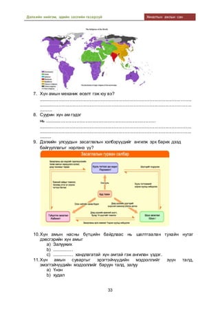 Дэлхийн нийгэм, эдийн засгийн газарзүй Хяналтын ажлын сан
33
7. Хүн амын механик өсөлт гэж юу вэ?
............................................................................................................................
............................................................................................................................
...........
8. Суурин хүн ам гэдэг
нь ..........................................................................................
............................................................................................................................
............................................................................................................................
..........
9. Дэлхийн улсуудын засаглалын хэлбэрүүдийг ангилж эрх барих дээд
байгууллагыг нэрлэнэ үү?
10.Хүн амын насны бүтцийн байдлаас нь шалтгаалан тухайн нутаг
дэвсгэрийн хүн амыг
a) Залуужих
b) .................
c) ................. хандлагатай хүн амтай гэж ангилан үздэг.
11.Хүн амын суваргыг эрэгтэйчүүдийн мэдээллийг зүүн талд,
эмэгтэйчүүдийн мэдээллийг баруун талд, залуу
a) Үнэн
b) худал
 