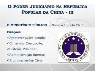 O PODER JUDICIÁRIO NA REPÚBLICA
POPULAR DA CHINA - III
O MINISTÉRIO PÚBLICO - Nomeação pelo CNP
Funções:
Promover ações penais;
Constatar Corrupção;
Sistema Prisional;
Administração Interna;
Promover Ações Civis.
 
