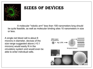 Sizes of Devices A molecular "robotic arm" less than 100 nanometers long should be quite feasible, as well as molecular binding sites 10 nanometers in size or less.  A single red blood cell is about 8 microns in diameter, devices of the size range suggested above (~0.1 microns) would easily fit in the circulatory system and would even be able to enter individual cells.  