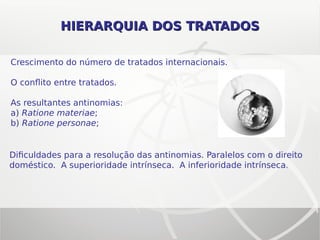 Crescimento do número de tratados internacionais.
O conflito entre tratados.
As resultantes antinomias:
a) Ratione materiae;
b) Ratione personae;
HIERARQUIA DOS TRATADOSHIERARQUIA DOS TRATADOS
Dificuldades para a resolução das antinomias. Paralelos com o direito
doméstico. A superioridade intrínseca. A inferioridade intrínseca.
 
