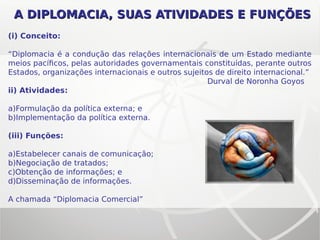 A DIPLOMACIA, SUAS ATIVIDADES E FUNÇÕESA DIPLOMACIA, SUAS ATIVIDADES E FUNÇÕES
(i) Conceito:
“Diplomacia é a condução das relações internacionais de um Estado mediante
meios pacíficos, pelas autoridades governamentais constituídas, perante outros
Estados, organizações internacionais e outros sujeitos de direito internacional.”
Durval de Noronha Goyos
ii) Atividades:
a)Formulação da política externa; e
b)Implementação da política externa.
(iii) Funções:
a)Estabelecer canais de comunicação;
b)Negociação de tratados;
c)Obtenção de informações; e
d)Disseminação de informações.
A chamada “Diplomacia Comercial”
 