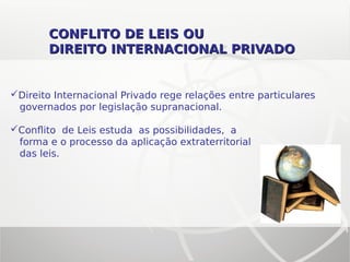 CONFLITO DE LEIS OUCONFLITO DE LEIS OU
DIREITO INTERNACIONAL PRIVADODIREITO INTERNACIONAL PRIVADO
Direito Internacional Privado rege relações entre particulares
governados por legislação supranacional.
Conflito de Leis estuda as possibilidades, a
forma e o processo da aplicação extraterritorial
das leis.
 