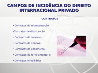 CAMPOS DE INCIDÊNCIA DO DIREITOCAMPOS DE INCIDÊNCIA DO DIREITO
INTERNACIONAL PRIVADOINTERNACIONAL PRIVADO
CONTRATOS
• Contratos de representação;
•Contratos de distribuição;
• Contratos de serviços;
• Contratos de vendas;
• Contratos de construção;
• Contratos de fornecimento; e
• Contratos imobiliários.
 