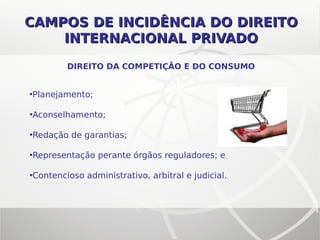 CAMPOS DE INCIDÊNCIA DO DIREITOCAMPOS DE INCIDÊNCIA DO DIREITO
INTERNACIONAL PRIVADOINTERNACIONAL PRIVADO
DIREITO DA COMPETIÇÃO E DO CONSUMO
•Planejamento;
•Aconselhamento;
•Redação de garantias;
•Representação perante órgãos reguladores; e
•Contencioso administrativo, arbitral e judicial.
 