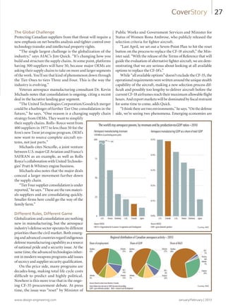 www.design-engineering.com January/February | 2013
27CoverStory
The Global Challenge
Protecting Canadian suppliers from that threat will require a
new emphasis on net benefits analysis and tighter control over
technology transfer and intellectual property rights.
“The single largest challenge is the globalization of the
industry,” says AIAC’s Jim Quick. “It’s changing how you
build and structure the supply chains. At some point, platforms
having 300 suppliers will have 50, because major OEMs are
asking their supply chains to take on more and larger segments
of the work. You’ll see that kind of phenomenon down through
the Tier Ones to tiers Three and Four. This is the way the
industry is evolving.”
Veteran aerospace manufacturing consultant Dr. Kevin
Michaels notes that consolidation is ongoing, citing a recent
deal in the lucrative landing gear segment.
“The United Technologies Corporation/Goodrich merger
could be a harbinger of further Tier One consolidation in the
future,” he says. “One reason is a changing supply chain
strategy from OEMs. They want to simplify
their supply chains. Rolls- Royce went from
400 suppliers in 1977 to less than 50 for the
firm’s new Trent jet engine program. OEM’s
now want to source complete aircraft sys-
tems, not just parts.”
Michaels cites Nexcelle, a joint venture
between U.S. major GE Aviation and France’s
SAFRAN as an example, as well as Rolls
Royce’s collaboration with United Technolo-
gies’ Pratt  Whitney engine business.
Michaels also notes that the major deals
conceal a larger movement further down
the supply chain.
“Tier Four supplier consolidation is under
reported,” he says. “These are the raw materi-
als suppliers and are consolidating quickly.
Smaller firms here could go the way of the
family farm.”
Different Rules, Different Game
Globalization and consolidation are nothing
new in manufacturing, but the aerospace
industry’sdefensesectoroperatesbydifferent
priorities than the civil market. Both emerg-
ingandadvancedcountriesregardindigenous
defense manufacturing capability as a source
of national pride and a security issue. At the
same time, the advanced technologies inher-
ent in modern weapons programs add issues
of secrecy and supplier security qualification.
On the price side, many programs are
decades-long, making total life cycle costs
difficult to predict and highly political.
Nowhere is this more true that in the ongo-
ing CF-35 procurement debate. At press
time, the issue was “reset” by Minister of
Public Works and Government Services and Minister for
Status of Women Rona Ambrose, who publicly released the
selection criteria for fighter aircraft.
“Last April, we set out a Seven-Point Plan to hit the reset
button on the process to replace the CF-18 aircraft,” the Min-
ister said. “With the release of the Terms of Reference that will
guide the evaluation of alternative fighter aircraft, we are dem-
onstrating that we are serious about looking at all available
options to replace the CF-18’s.”
While “all available options” doesn’t exclude the CF-35, the
operationalrequirementswerewrittenaroundtheuniquestealth
capability of the aircraft, making a new selection process dif-
ficult and possibly too lengthy to deliver aircraft before the
current CF-18 airframes reach their maximum allowable flight
hours. And export markets will be dominated by fiscal restraint
for some time to come, adds Quick.
“Ithinktherearetwoenvironments,”hesays.“Onthedefense
side, we’re seeing two phenomena. Emerging economies are
Courtesy AIAC
Courtesy AIAC
26-29.2-DES.indd 27 13-02-05 1:06 PM
 
