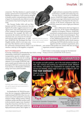 www.design-engineering.com January/February | 2013
31
connectors. The Han-Quintax is a good example of a
product optimized for transportation. It’s a highly
shielded, low impedance, 4-pin connector designed
to handle sensitive communications with no loss
of signal. It is dramatically more efficient to install
and maintain than hard-wiring the same net-
work.
The Toronto Trolley LRVs will use Han-
Quintax and M12 crimp connectors, but also
high IP, all-weather rugged connectors to carry
signal power, and communications on some
of the company’s latest high performance
innovations. For example, the LRVs will
incorporate the stainless steel Han-Inox and
aluminum die cast connectors for internal
and external vehicle applications. In addi-
tion, HARTING has developed the Han
Megabit module, which is even more com-
pact than Han-Quintax and was designed
for rail/transit communications where a Cat 5e Ethernet
interface, rated up to 100 megabits, is required.
Spirit of Collaboration
In Europe, HARTING and Bombardier have built a strong
relationship. HARTING’s reputation for
transportation-specific standard compo-
nents is part of that, but also for working
with Bombardier on developing customized
solutions. As an example, HARTING engi-
neers created a special coatless zinc die cast
housing for DIN 41612 connections for the
front interface to Bombardier’s MITRAC
energy saver train control modules.
For Bombardier’s AC TRAXX locomo-
tives, the two companies collaborated on
implementing HARTING’s Han-Eco con-
nector series as the standard for connecting
medium voltage cabling systems, linking
ventilators, pumps and other auxiliary units
in the locomotive engine room. Standard-
izing these functions with Han-Eco con-
nectors made from fiber-glass reinforced,
high performance plastic that is lighter in
weight and more economical than metal low-
ered hardware, assembly and warehousing costs.
For new Flexity 2 streetcars in Innsbruck,
Austria, HARTING helped implement a new
third party passenger infotainment system based
on an IP solution it developed for the intercon-
nection of PC-based components that uses
HARTING connectors and an eight-port Ethernet
switch.
Such collaborations don’t just happen in
Europe now. At the request of Bombardier
engineers in Kingston, Ontario, HARTING
customized a communications connector destined
for use in the new Sao Paulo monorail program. They
liked a particular InduCom interface, but wanted
to have additional functionality. As a result of a
joint effort by HARTING staff in North America
and Europe, the PCB inside the interface was rede-
signed to meet the customer’s requirement, and a
new version of the product was created while also serving an
important customer’s requirement. DE
Rich Carlson is senior product manager for the Industrial
Products Division of HARTING North America.
ShopTalk
We go to extremes... GUARANTEEDWe go to extremes... GUARANTEED
www.globalencoder.ca
22 Commerce Place, St. Catharines
ON, Canada L2S 0B3
Phone Toll Free 1-888-277-6205
Fax Toll Free 1-866-278-1301
info@globalencoder.ca
Industrial Encoder Corporation
Member of the GESgroup of companies
Our encoders are built to perform, even in the most extreme conditions of
heat, cold, moisture and anything your requirements dictate. Whatever
your industry, we’ll satisfy your expectations for superior quality, value,
service and reliability, always eager to earn your confidence with our
FIVE-YEAR WARRANTY.
Count on more from
IEC...we’ll deliver.
Our encoders are built to perform, even in the most extreme conditions of
heat, cold, moisture and anything your requirements dictate. Whatever
your industry, we’ll satisfy your expectations for superior quality, value,
service and reliability, always eager to earn your confidence with our
FIVE-YEAR WARRANTY.
Count on more from
IEC...we’ll deliver.
HARTING’s Han-Eco connector
series used to connect medium
voltage cabling systems
HARTING HAN-modular in an HPR housing
are used for power and signal transmission in
rugged environments
30-31.1-DES.indd 31 13-02-05 1:37 PM
 