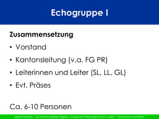 Echogruppe IIAufgabeAnnahmen aus Analyse-Bericht überprüfenIdeen und Strategien entwickelnMassnahmen-Bericht erstellenAufgleisen Nachfolge-Projekt