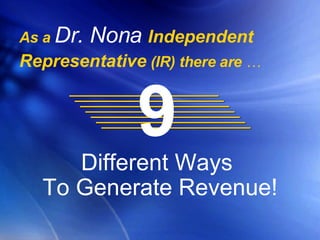 As a   Dr. Nona   Independent Representative  (IR) there are  … 9   Different Ways  To Generate Revenue! 