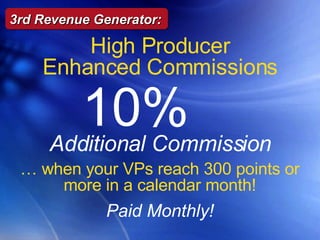 Paid Monthly! High Producer Enhanced Commissions 10%   Additional Commission …  when your VPs reach 300 points or more in a calendar month! 3rd Revenue Generator: 