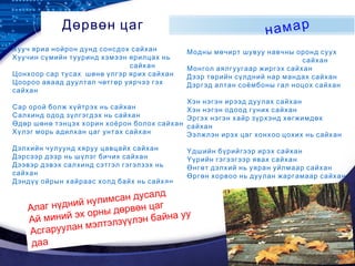 LOGO
Дөрвөн цаг намар
Хууч яриа нойрон дунд сонсдох сайхан
Хуучин сүмийн тууринд хэмээн ярилцах нь
сайхан
Цонхоор сар тусах шөнө үлгэр ярих сайхан
Цоороо аваад дуултал чөтгөр уярчээ гэх
сайхан
Сар орой болж хүйтрэх нь сайхан
Салхинд одод зүлгэгдэх нь сайхан
Өдөр шөнө тэнцэх хорин хоёрон болох сайхан
Хүлэг морь адилхан цаг унтах сайхан
Дэлхийн чулуунд хяруу цавцайх сайхан
Дэрсээр дээр нь шүлэг бичих сайхан
Дээвэр дэвэх салхинд сэтгэл гэгэлзэх нь
сайхан
Дэндүү ойрын хайраас холд байх нь сайхан
Модны мөчирт шувуу навчны оронд суух
сайхан
Монгол аялгуугаар жиргэх сайхан
Дээр төрийн сүлдний нар мандах сайхан
Дэргэд алтан соёмбоны гал ноцох сайхан
Хэн нэгэн ирээд дуулах сайхан
Хэн нэгэн одоод гуних сайхан
Эргэх нэгэн хайр зүрхэнд хөгжимдөх
сайхан
Ээлжлэн ирэх цаг хонхоо цохих нь сайхан
Үдшийн бүрийгээр ирэх сайхан
Үүрийн гэгээгээр явах сайхан
Өнгөт дэлхий нь уяран уйлмаар сайхан
Өргөн хорвоо нь дуулан жаргамаар сайхан
Алаг нүдний нулимсан дусалд
Ай миний эх орны дөрвөн цаг
Асгаруулан мэлтэлзүүлэн байна уу
даа
 