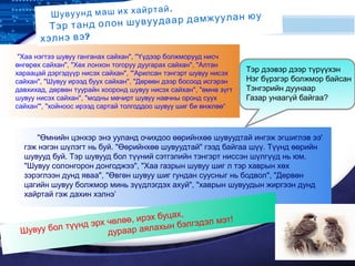 LOGO
"Хаа нэгтээ шувуу ганганах сайхан", "Үүдээр болжморууд нисч
өнгөрөх сайхан", "Хөх лонхон тогоруу дуугарах сайхан", "Алтан
хараацай дэргэдүүр нисэх сайхан", '"Арилсан тэнгэрт шувуу нисэх
сайхан", "Шувуу ирээд буух сайхан", "Дөрөөн дээр босоод исгэрэн
давхихад, дөрвөн туурайн хооронд шувуу нисэх сайхан", "өмнө зүгт
шувуу нисэх сайхан", "модны мөчирт шувуу навчны оронд суух
сайхан'", "хойноос ирээд сартай толгоддоо шувуу шиг би өнжлөө“
"Өмнийн цэнхэр энэ ууланд очихдоо өөрийнхөө шувуудтай ингэж эгшиглэв ээ'
гэж нэгэн шүлэгт нь буй. "Өөрийнхөө шувуудтай" гээд байгаа шүү. Түүнд өөрийн
шувууд буй. Тэр шувууд бол түүний сэтгэлийн тэнгэрт ниссэн шүлгүүд нь юм.
"Шувуу солонгорон донгоджээ", "Хаа газрын шувуу шиг л тэр хаврын хөх
зэрэглээн дунд яваа", "Өвгөн шувуу шиг гундан суусныг нь бодвол", "Дөрвөн
цагийн шувуу болжмор минь зүүдлэгдэх ахуй", "хаврын шувуудын жиргээн дунд
хайртай гэж дахин хэлнэ’
Шувуунд маш их хайртай.
Тэр танд олон шувуудаар дамжуулан юу
?хэлнэ вэ
Тэр дээвэр дээр түрүүхэн
Нэг бүрзгэр болжмор байсан
Тэнгэрийн дуунаар
Газар унаагүй байгаа?
Шувуу бол түүнд эрх чөлөө, ирэх буцах,
дураар аялахын бэлгэдэл мэт!
 