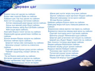 LOGO
Дөрвөн цаг
Бороо ганц нэг дусах нь сайхан
Борог өвс норсон байх нь сайсан
Хаврын цас гэр лүү урсах нь сайхан
 Хаа нэгтээ шувууд ганганах сайхан
Алтан хараацай дэргэдүүр нисэх сайхан
Аяны хүн манай уяан буух сайхан
Айлын маань айлд бүсгүй байх сайхан
. Айл нүүж ирэх сайхан
Хангайн бороо гэнэт асгах нь сайхан
Харанхуйн дунд цахилгаан гялбах нь
сайхан
Хонон өнжин бороо зүсрэх нь сайхан
.Холоос гийчин ирэх сайхан
  Шаргал талын өвс халиурах нь сайхан
Шанхны үзүүрт салхи нь сэвэлзэх
сайхан
Сартай шөнө бухал дээр унтах сайхан
,Чамайг зүүдлээд газарт ойчих нь
сайхан
 Үе үе бороо амсхийх нь сайхан
Өлгөсөн цувнаас ус дусах нь сайхан
Үүлэн чөлөөнөөс нар гарах нь сайхан
Үүдээр болжморууд нисэн өнгөрөх
. сайхан
Шөнө дөл хүлэг морь янцгаах сайхан
Шүлэг нойроос сэрж орчлонг бодох сайхан
Өрхний завсраар гэгээ орох сайхан
Өглөө болох сайхан
Цайран цайран бороо орох нь сайхан
Цавьдар морьтой хүнь наашаа давхих нь
сайхан
Борооноос өмнө ирлээ гэж ярих нь сайхан
Боржигон эмээлээ аваад орж ирэх нь сайхан
Сартай толгодод ингэ гунганах сайхан
- -Шанзны үзүүрт Ай нан аа суух сайхан
Шаргал дөл угалзлан гал ноцох нь сайхан
,Царай зүс бүдэг бадаг гэрэлтэх нь сайхан
Хөх лонхон тогоруу дуугарах сайхан
Хөдөө цайдам борооших сайхан
Анирхан ахуйд цэцэг дохих сайхан
Аадрын өмнөх байдал сайхан
Тооноор сар гэрэлтэх сайхан
Тогоотой сүүнд тусах сайхан
Шөнө орой сар гарах сайхан
Чөдөртэй морьд тургилах сайхан
Зун
 