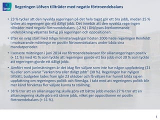 Regeringen Löfven tillträder med negativ förtroendebalans 
•23 % tycker att den nyvalda regeringen på det hela taget gör ett bra jobb, medan 25 % tycker att regeringen gör ett dåligt jobb. Det innebär att den nyvalda regeringen tillträder med negativ förtroendebalans (-2 %) i DN/Ipsos återkommande undersökning väljarnas betyg på regeringen och oppositionen. 
•Efter en svag start med tidiga ministeravgångar hösten 2006 hade regeringen Reinfeldt i motsvarande mätningar en positiv förtroendebalans under båda sina mandatperioder. 
•I senaste mätningen i juni 2014 var förtroendebalansen för alliansregeringen positiv (+ 11 %) med 41 % som tyckte att regeringen gjorde ett bra jobb mot 30 % som tyckte att regeringen gjorde ett dåligt jobb. 
•Jämfört med junimätningen är det idag fler väljare som inte har någon uppfattning (21 %) eller som svarar ”varken bra eller dåligt jobb” (30 %). Regeringen har nyligen tillträtt, budgeten lades fram igår 23 oktober och få väljare har hunnit bilda sig en uppfattning om regeringens politik och förmåga. I takt med att regeringens politik blir mer känd förväntas fler väljare kunna ta ställning. 
•38 % tror att en alliansregering skulle göra ett bättre jobb medan 27 % tror att en alliansregering skulle göra ett sämre jobb, vilket ger oppositionen en positiv förtroendebalans (+ 11 %). 
2  