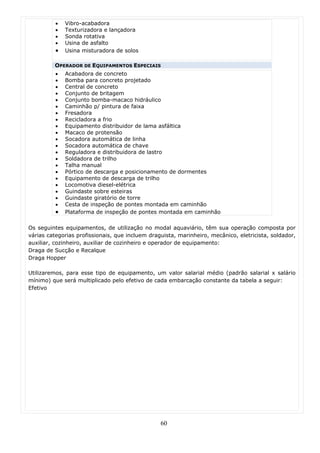 •   Vibro-acabadora
          •   Texturizadora e lançadora
          •   Sonda rotativa
          •   Usina de asfalto
          •   Usina misturadora de solos

         OPERADOR DE EQUIPAMENTOS ESPECIAIS
          •   Acabadora de concreto
          •   Bomba para concreto projetado
          •   Central de concreto
          •   Conjunto de britagem
          •   Conjunto bomba-macaco hidráulico
          •   Caminhão p/ pintura de faixa
          •   Fresadora
          •   Recicladora a frio
          •   Equipamento distribuidor de lama asfáltica
          •   Macaco de protensão
          •   Socadora automática de linha
          •   Socadora automática de chave
          •   Reguladora e distribuidora de lastro
          •   Soldadora de trilho
          •   Talha manual
          •   Pórtico de descarga e posicionamento de dormentes
          •   Equipamento de descarga de trilho
          •   Locomotiva diesel-elétrica
          •   Guindaste sobre esteiras
          •   Guindaste giratório de torre
          •   Cesta de inspeção de pontes montada em caminhão
          •   Plataforma de inspeção de pontes montada em caminhão

Os seguintes equipamentos, de utilização no modal aquaviário, têm sua operação composta por
várias categorias profissionais, que incluem draguista, marinheiro, mecânico, eletricista, soldador,
auxiliar, cozinheiro, auxiliar de cozinheiro e operador de equipamento:
Draga de Sucção e Recalque
Draga Hopper

Utilizaremos, para esse tipo de equipamento, um valor salarial médio (padrão salarial x salário
mínimo) que será multiplicado pelo efetivo de cada embarcação constante da tabela a seguir:
Efetivo




                                                 60
 