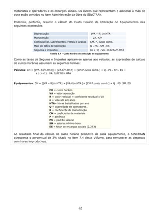 motoristas e operadores e os encargos sociais. Os custos que representam o adicional à mão de
obra estão contidos no item Administração da Obra do SINCTRAN.

Podemos, portanto, resumir o cálculo do Custo Horário de Utilização de Equipamentos nas
seguintes expressões:

               Depreciação                                         (VA – R) /n.HTA
               Manutenção                                           VA. K/H
               Combustível, Lubrificantes, Filtros e Graxas       CM. P. custo comb.
               Mão-de-Obra de Operação                            Q . PS . SM . ES
               Seguros e impostos                                 (n + 1) . VA . 0,025/2n.HTA
                             Tabela 5.7 – Custo horário de utilização de equipamento


Como as taxas de Seguros e Impostos aplicam-se apenas aos veículos, as expressões de cálculo
de custos horários assumem as seguintes formas:

Veículos: CH = [(VA–R)/n.HTA]]+ [VA.K/n.HTA] + [CM.P.custo comb.] + Q . PS . SM . ES +
                 + [(n+1) . VA. 0,025/2n.HTA



Equipamentos: CH = [(VA – R)/n.HTA] + [VA.K/n.HTA ]+ [CM.P.custo comb.] + Q . PS. SM. ES

                             CH = custo horário
                             VA = valor aquisição
                             R = valor residual = coeficiente residual x VA
                             n = vida útil em anos
                             HTA= horas trabalhadas por ano
                             Q = quantidade de operadores_
                             K = coeficiente de manutenção
                             CM = coeficiente de materiais
                             P = potência
                             PS = padrão salarial
                             SM = salário mínimo hora
                             ES = fator de encargos sociais (2,263)


Ao resultado final do cálculo do custo horário produtivo de cada equipamento, o SINCTRAN
acrescenta o percentual de 3% citado no item 7.4 deste Volume, para remunerar as despesas
com horas improdutivas.




                                                       62
 