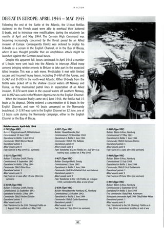 IN ACTION
DEFEAT IN EUROPE: APRIL 1944 - MAY 1945
Following the end of the Battle of the Atlantic, the U-boat flotillas
stationed on the French coast were able to overhaul their battered
U-boats, and to introduce new modifications during the relatively lax
months of April and May 1944. The German High Command was
becoming increasingly concerned by the threat posed by an Allied
invasion of Europe. Consequently Donitz was ordered to deploy his
U-boats as a screen in the English Channel, or in the Bay of Biscay,
where it was thought possible that an amphibious attack might be
launched against the German naval bases.
Despite this apparent lull, losses continued. In April 1944 a number
of U-boats were sent back into the Atlantic to intercept Allied troop
convoys bringing reinforcements to Britain to take part in the expected
Allied invasion. This was a rash move. Predictably it met with limited
success and incurred heavy losses, including U-448 off the Azores, and
U-342 and U-765 in the north-west Atlantic. Other U-boats from the
flotilla were picked off in the shallow coastal waters off Norway and
France, as they maintained patrol lines in expectation of an Allied
invasion. U-974 went down in the coastal waters off southern Norway,
and U-962 was sunk in the Western Approaches to the English Channel.
When the invasion finally came on 6 June 1944, the flotilla had 15
boats at its disposal. Donitz ordered a concentration of U-boats in the
English Channel, and over 40 boats converged on the Normandy
beachhead. U-1191 was sunk in the English Channel on 12 June, one of
13 boats sunk during the Normandy campaign, either in the English
Channel or the Bay of Biscay.
Reinforcements, April-July 1944
U-765 (Type VIIC)
Builder: Kriegsmarinewerft, Wilhelmshaven
Commissioned: 19 June 1943
Operational in flotilla: 1 April 1944
Commander: ObltzS Werner Wendt
Operational patrols: 1
Allied vessels sunk: 0
Fate: Sunk on 6 May 1944 (11 survivors)
U-1191 (Type VIIC)
Builder: F. Schichau GmbH, Danzig
Commissioned: 9 September 1943
Operational in flotilla: 1 May 1944
Commander: ObltzS Peter Grau
Operational patrols: 1
Allied vessels sunk: 0
Fate: Sunk on or soon after 12 June 1944 (no
survivors)
U-1192 (Type VIIC)
Builder: F. Schichau GmbH, Danzig
Commissioned: 23 September 1943
Operational in flotilla: 1 May 1944
Commander: ObltzS Herbert Zeissler
Operational patrols: 1
Allied vessels sunk: 0
Fate: Transferred to the 24th (Training) Flotilla on
1 August 1944; scuttled on 3 May 1945
U-397 (Type VIIC)
Builder: Howaldtswerke, Kiel
Commissioned: 20 November 1943
Operational in flotilla: 1 June 1944
Commander: ObltzS Fritz Kallipke
Operational patrols: 0
Allied vessels sunk: 0
Fate: Transferred to 23rd Flotilla on 1 July 1944 as
training boat; scuttled on 5 May 1945
U·427 (Type VIIC)
Builder: DanzigerWerft, Danzig
Commissioned: 2 June 1943
Operational in flotilla: 1June 1944
Commander: Kptlt Carl-Gabriel Graf von Gudenus
Operational patrols: 5
Allied vessels sunk: 0
Fate: Transferred to the 11th Flotilla on 1 August
1944; surrendered to Allies at end of war
U-678 (Type VIIC)
Builder: Howaldtswerke Hamburg AG, Hamburg
Commissioned: 25 October 1943
Operational in flotilla: 1 June 1944
Commander: ObltzS Guido Hyronimus
Operational patrols: 1
Allied vessels sunk: 0
Fate: Sunk on 7 July 1944 (no survivors)
61
U-980 (Type VIIC)
Builder: Blohm 0<Voss, Hamburg
Commissioned: 27 May 1943
Operational in flotilla: 1 June 1944
Commander: ObltzS Hermann Dahms
Operational patrols: 1
Allied vessels sunk: 0
Fate: Sunk on 11 June 1944 (no survivors)
U-988 (Type VIIC)
Builder: Blohm 0<Voss, Hamburg
Commissioned: 15 July 1943
Operational in flotilla: 1 June 1944
Commander: ObltzS Erich Dobberstein
Operational patrols: 1
Allied vessels sunk: 3
Fate: Sunk on 29 June 1944 (no survivors)
U-994 (Type VIIC)
Builder: Blohm 0<Voss, Hamburg
Commissioned: 2 September 1943
Operational in flotilla: 1 June 1944
First commander: ObltzS Wolf Ackermann
Subsequent commander: April 1944: ObltzSVolker Melzer
Operational patrols: 1
Allied vessels sunk: 0
Fate: Transferred to the 5th (Training) Flotilla on 6
July 1944; surrendered to Allies at end of war
 