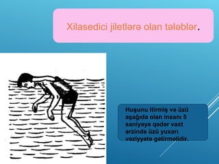 Xilasedici jiletlərə olan tələblər.
Huşunu itirmiş və üzü
aşağıda olan insanı 5
saniyəyə qədər vaxt
ərzində üzü yuxarı
vəziyyətə gətirməlidir.
 
