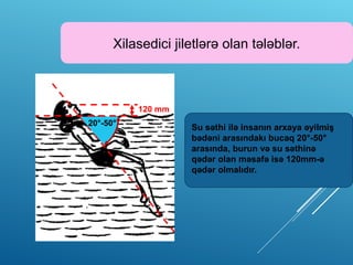 Xilasedici jiletlərə olan tələblər.
20°-50°
120 mm
Su səthi ilə insanın arxaya əyilmiş
bədəni arasındakı bucaq 20°-50°
arasında, burun və su səthinə
qədər olan məsafə isə 120mm-ə
qədər olmalıdır.
 