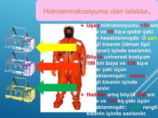 Hidrotermokostyuma olan tələblər.
Uşaq hidrokostyumu 150 sm
boya və 50 kq-a qədər çəki
üçün hesablanmışdır. O sarı
rəngli kisənin (idman tipli
çantanın) içində saxlanılır.
Böyük universal kostyum
190 sm boya və 150 kq-a
qədər çəki üçün
hesablanmışdır; narıncı
rəngli kisənin içində
saxlanılır.
Həddən artıq böyük 206 sm
boya və 170 kq çəki üçün
hesablanmışdır; yaşıl rəngli
kisənin içində saxlanılır.
 