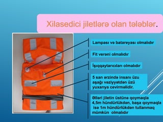 Xilasedici jiletlərə olan tələblər.
Lampası və batareyası olmalıdır
Fit verəni olmalıdır
İşıqqaytarıcıları olmalıdır
5 san ərzində insanı üzu
aşağı vəziyyətdən üzü
yuxarıya cevirməlidir.
Əlləri jiletin üstünə qoymaqla
4,5m hündürlükdən, başa qoymaqla
isə 1m hündürlükdən tullanmaq
mümkün olmalıdır
 