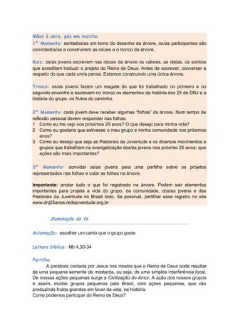 Mãos à obra, pés em marcha
1º Momento: sentados/as em torno do desenho da árvore, os/as participantes são
convidados/as a construírem as raízes e o tronco da árvore.

Raiz: os/as jovens escrevem nas raízes da árvore os valores, as idéias, os sonhos
que acreditam traduzir o projeto do Reino de Deus. Antes de escrever, conversar a
respeito do que cada um/a pensa. Estamos construindo uma única árvore.

Tronco: os/as jovens fazem um resgate do que foi trabalhado no primeiro e no
segundo encontro e escrevem no tronco os elementos da história dos 25 de DNJ e a
história do grupo, os frutos do caminho.

2º Momento: cada jovem deve receber algumas “folhas” da árvore. Num tempo de
reflexão pessoal devem responder nas folhas:
1 Como eu me vejo nos próximos 25 anos? O que desejo para minha vida?
2 Como eu gostaria que estivesse o meu grupo e minha comunidade nos próximos
    anos?
3 Como eu desejo que seja as Pastorais da Juventude e os diversos movimentos e
    grupos que trabalham na evangelização dos/as jovens nos próximo 25 anos: que
    ações são mais importantes?

3º Momento: convidar os/as jovens para uma partilha sobre os projetos
representados nas folhas e colar as folhas na árvore.

Importante: anotar tudo o que foi registrado na árvore. Podem sair elementos
importantes para projeta a vida do grupo, da comunidade, dos/as jovens e das
Pastorais da Juventude no Brasil todo. Se possível, partilhar esse registro no site
www.dnj25anos.redejuventude.org.br


        Iluminação da fé

Aclamação: escolher um canto que o grupo goste


Leitura bíblica: Mc 4,30-34

Partilha
       A parábola contada por Jesus nos mostra que o Reino de Deus pode resultar
de uma pequena semente de mostarda, ou seja, de uma simples interferência local.
De nossas ações pequenas surge a Civilização do Amor. A ação dos nossos grupos
é assim, muitos grupos pequenos pelo Brasil, com ações pequenas, que vão
produzindo frutos grandes em favor da vida, na história.
Como podemos participar do Reino de Deus?
 