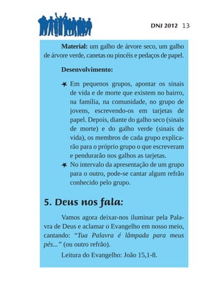 DNJ 2012 13


       Material: um galho de árvore seco, um galho
de árvore verde, canetas ou pincéis e pedaços de papel.

      Desenvolvimento:

      L Em     pequenos grupos, apontar os sinais
          de vida e de morte que existem no bairro,
          na família, na comunidade, no grupo de
          jovens, escrevendo-os em tarjetas de
          papel. Depois, diante do galho seco (sinais
          de morte) e do galho verde (sinais de
          vida), os membros de cada grupo explica-
          rão para o próprio grupo o que escreveram
          e pendurarão nos galhos as tarjetas.
      L   No intervalo da apresentação de um grupo
          para o outro, pode-se cantar algum refrão
          conhecido pelo grupo.


5. Deus nos fala:
       Vamos agora deixar-nos iluminar pela Pala-
vra de Deus e aclamar o Evangelho em nosso meio,
cantando: “Tua Palavra é lâmpada para meus
pés...” (ou outro refrão).
      Leitura do Evangelho: João 15,1-8.
 