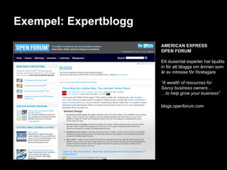 Exempel: Expertblogg AMERICAN EXPRESS OPEN FORUM Ett dussintal experter har bjudits in för att blogga om ämnen som är av intresse för företagare ” A wealth of resources for Savvy business owners… … to help grow your business” blogs.openforum.com 