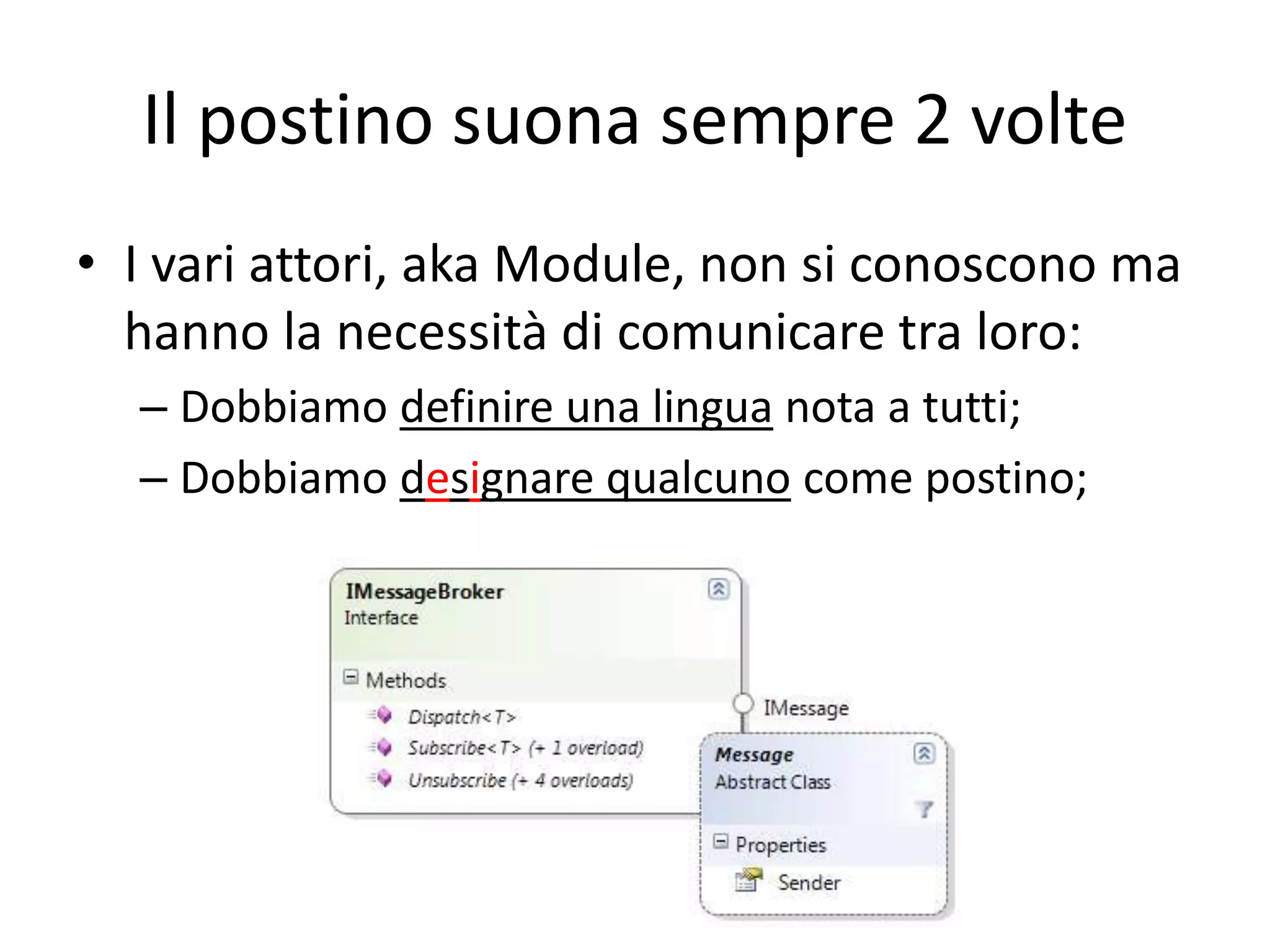 Il postino suona sempre 2 volte 
• I vari attori, aka Module, non si conoscono ma 
hanno la necessità di comunicare tra loro: 
– Dobbiamo definire una lingua nota a tutti; 
– Dobbiamo designare qualcuno come postino; 
 