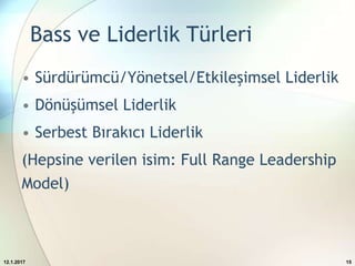 Bass ve Liderlik Türleri
• Sürdürümcü/Yönetsel/Etkileşimsel Liderlik
• Dönüşümsel Liderlik
• Serbest Bırakıcı Liderlik
(Hepsine verilen isim: Full Range Leadership
Model)
12.1.2017 15
 