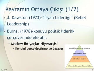 Kavramın Ortaya Çıkışı (1/2)
• J. Dawston (1973)-“İsyan Liderliği” (Rebel
Leadership)
• Burns, (1978)-konuyu politik liderlik
çerçevesinde ele alır.
− Maslow İhtiyaçlar Hiyerarşisi
• Kendini gerçekleştirme ve özsaygı
12.1.2017 6
 