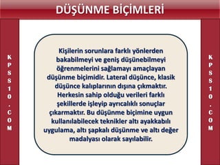 DÜŞÜNME BİÇİMLERİ


          Kişilerin sorunlara farklı yönlerden
K        bakabilmeyi ve geniş düşünebilmeyi         K
P                                                   P
         öğrenmelerini sağlamayı amaçlayan
S                                                   S
S
     düşünme biçimidir. Lateral düşünce, klasik     S
1       düşünce kalıplarının dışına çıkmaktır.      1
0        Herkesin sahip olduğu verileri farklı      0
.        şekillerde işleyip ayrıcalıklı sonuçlar    .
C     çıkarmaktır. Bu düşünme biçimine uygun        C
O      kullanılabilecek teknikler altı ayakkabılı   O
M   uygulama, altı şapkalı düşünme ve altı değer    M
              madalyası olarak sayılabilir.
 