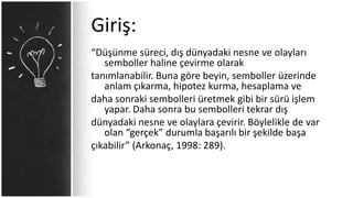 Giriş:
“Düşünme süreci, dış dünyadaki nesne ve olayları
semboller haline çevirme olarak
tanımlanabilir. Buna göre beyin, semboller üzerinde
anlam çıkarma, hipotez kurma, hesaplama ve
daha sonraki sembolleri üretmek gibi bir sürü işlem
yapar. Daha sonra bu sembolleri tekrar dış
dünyadaki nesne ve olaylara çevirir. Böylelikle de var
olan “gerçek” durumla başarılı bir şekilde başa
çıkabilir” (Arkonaç, 1998: 289).
 