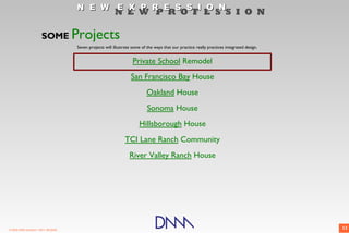 N E W E X P R E S S I O N
                                                            N E W P R O F E S S I O N

                        SOME           Projects
                                       Seven projects will illustrate some of the ways that our practice really practices integrated design.


                                                                      Private School Remodel
                                                                     San Francisco Bay House
                                                                             Oakland House
                                                                              Sonoma House
                                                                         Hillsborough House
                                                                 TCI Lane Ranch Community
                                                                    River Valley Ranch House




© 2009 DNM Architect • REV: 06/26/09                                                                                                           13
 