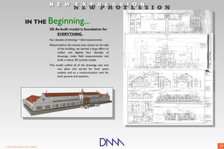 N E W E X P R E S S I O N
                                                           N E W P R O F E S S I O N

                      IN THE           Beginning...
                                       3D As-built model is foundation for
                                           EVERYTHING.
                                       Four decades of drawings + field measurements
                                       Almost before the school even closed on the sale
                                            of the building, we started a large effort to
                                            collect and digitize four decades of
                                            drawings, make field measurements and
                                            build a robust 3D as-built model.
                                       This model unified all of the drawings sets into
                                             one place and served for both space
                                             analysis and as a communication tool for
                                             both parents and teachers.




© 2009 DNM Architect • REV: 06/26/09                                                        15
 