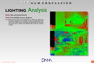 N E W E X P R E S S I O N
                                                      N E W P R O F E S S I O N


       LIGHTING                                 Analysis
       GOAL: Size and locate fixtures
       TOOLS: ArchiCAD, Ecotect, Radiance
       The electrical subcontract was design/build so DNM was effectively
            the lighting designer for the project. Ecotect and Radiance were
            used in the major spaces to analyze the natural light coming into
            the space and to assure that artificial light would be correctly
            located.




© 2009 DNM Architect • REV: 06/26/09                                              19
 