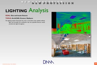 N E W E X P R E S S I O N
                                                             N E W P R O F E S S I O N


       LIGHTING                                       Analysis
       GOAL: Size and locate fixtures
       TOOLS: ArchiCAD, Ecotect, Radiance
       The lighting analysis illustrated the areas in the library that needed artificial
              light and provided the verification that the specified fixtures would
              provide even light throughout.




© 2009 DNM Architect • REV: 06/26/09                                                       20
 