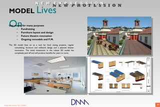 N E W E X P R E S S I O N
                                                     N E W P R O F E S S I O N
       MODEL Lives

       On
       Use model for many purposes
            – Fundraising
            – Furniture layout and design
            – Future theatre renovation
            – Ongoing remodels and F.M.

       The 3D model lives on as a tool for fund raising projects, regular
            remodeling, furniture and millwork design and a planned theater
            renovation. The initial investment in the robust 3D model has
            completely paid off and will produce benefits for years to come.




© 2009 DNM Architect • REV: 06/26/09                                             24
 