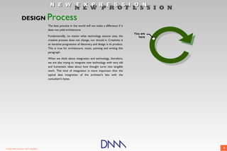 N E W E X P R E S S I O N
                                                             N E W P R O F E S S I O N
                  DESIGN               Process
                                       The best practice in the world will not make a difference if it
                                       does not yield architecture.
                                                                                                          You are
                                       Fundamentally, no matter what technology anyone uses, the            here
                                       creative process does not change, nor should it. Creativity is
                                       an iterative progression of discovery and design is its product.
                                       This is true for architecture, music, painting and writing this
                                       paragraph.

                                       When we think about integration and technology, therefore,
                                       we are also trying to integrate new technology with very old
                                       and humanistic ideas about how thought turns into tangible
                                       work. This kind of integration is more important than the
                                       typical data integration of the architect's bits with the
                                       consultant's bytes.




© 2009 DNM Architect • REV: 06/26/09                                                                                6
 