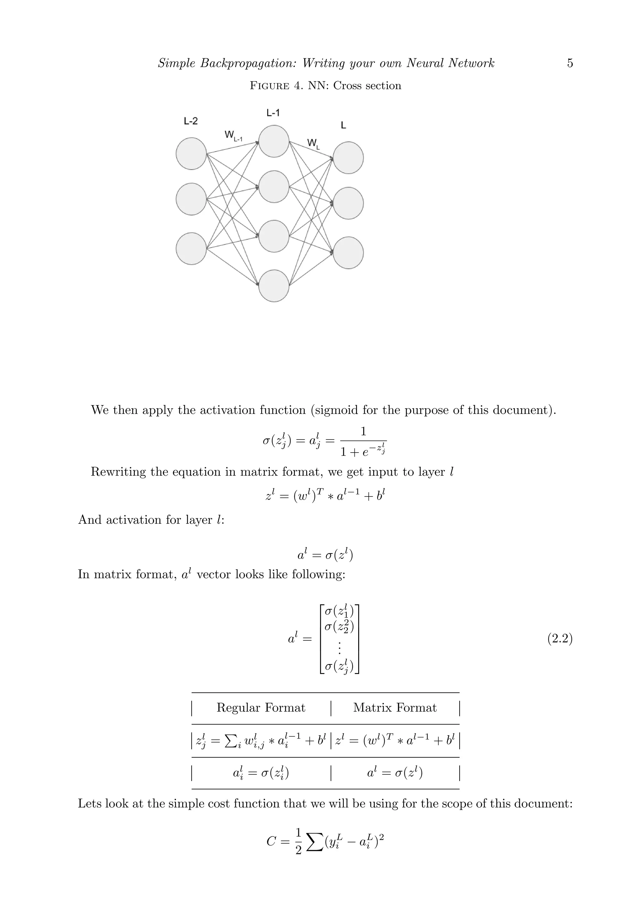 Simple Backpropagation: Writing your own Neural Network 5
Figure 4. NN: Cross section
We then apply the activation function (sigmoid for the purpose of this document).
σ(zl
j) = al
j =
1
1 + e−zl
j
Rewriting the equation in matrix format, we get input to layer l
zl
= (wl
)T
∗ al−1
+ bl
And activation for layer l:
al
= σ(zl
)
In matrix format, al
vector looks like following:
al
=





σ(zl
1)
σ(z2
2)
...
σ(zl
j)





(2.2)
Regular Format Matrix Format
zl
j = i wl
i,j ∗ al−1
i + bl
zl
= (wl
)T
∗ al−1
+ bl
al
i = σ(zl
i) al
= σ(zl
)
Lets look at the simple cost function that we will be using for the scope of this document:
C =
1
2
(yL
i − aL
i )2
 