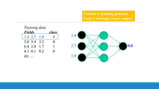 Training data
Fields class
1.4 2.7 1.9 0
3.8 3.4 3.2 0
6.4 2.8 1.7 1
4.1 0.1 0.2 0
etc …
Present a training pattern.
Feed it through to get output.
1.4
2.7 0.8
1.9
 