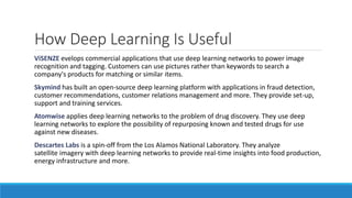 How Deep Learning Is Useful
ViSENZE evelops commercial applications that use deep learning networks to power image
recognition and tagging. Customers can use pictures rather than keywords to search a
company's products for matching or similar items.
Skymind has built an open-source deep learning platform with applications in fraud detection,
customer recommendations, customer relations management and more. They provide set-up,
support and training services.
Atomwise applies deep learning networks to the problem of drug discovery. They use deep
learning networks to explore the possibility of repurposing known and tested drugs for use
against new diseases.
Descartes Labs is a spin-off from the Los Alamos National Laboratory. They analyze
satellite imagery with deep learning networks to provide real-time insights into food production,
energy infrastructure and more.
 