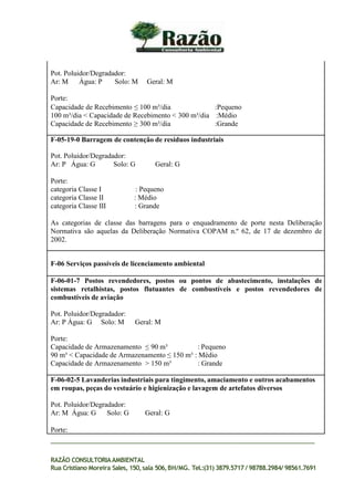 Pot. Poluidor/Degradador:
Ar: M Água: P Solo: M Geral: M
Porte:
Capacidade de Recebimento ≤ 100 m³/dia :Pequeno
100 m³/dia < Capacidade de Recebimento < 300 m³/dia :Médio
Capacidade de Recebimento ≥ 300 m³/dia :Grande
F-05-19-0 Barragem de contenção de resíduos industriais
Pot. Poluidor/Degradador:
Ar: P Água: G Solo: G Geral: G
Porte:
categoria Classe I : Pequeno
categoria Classe II : Médio
categoria Classe III : Grande
As categorias de classe das barragens para o enquadramento de porte nesta Deliberação
Normativa são aquelas da Deliberação Normativa COPAM n.º 62, de 17 de dezembro de
2002.
F-06 Serviços passíveis de licenciamento ambiental
F-06-01-7 Postos revendedores, postos ou pontos de abastecimento, instalações de
sistemas retalhistas, postos flutuantes de combustíveis e postos revendedores de
combustíveis de aviação
Pot. Poluidor/Degradador:
Ar: P Água: G Solo: M Geral: M
Porte:
Capacidade de Armazenamento ≤ 90 m³ : Pequeno
90 m³ < Capacidade de Armazenamento ≤ 150 m³ : Médio
Capacidade de Armazenamento > 150 m³ : Grande
F-06-02-5 Lavanderias industriais para tingimento, amaciamento e outros acabamentos
em roupas, peças do vestuário e higienização e lavagem de artefatos diversos
Pot. Poluidor/Degradador:
Ar: M Água: G Solo: G Geral: G
Porte:
RAZÃO CONSULTORIAAMBIENTAL
Rua Cristiano Moreira Sales, 150,sala 506,BH/MG. Tel.:(31) 3879.5717 / 98788.2984/ 98561.7691
 