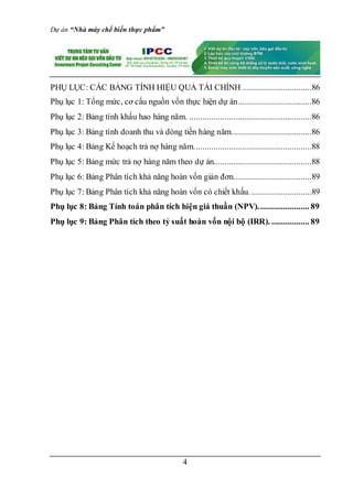 Dự án “Nhà máy chế biến thực phẩm”
4
PHỤ LỤC: CÁC BẢNG TÍNH HIỆU QUẢ TÀI CHÍNH ...............................86
Phụ lục 1: Tổng mức, cơ cấu nguồn vốn thực hiện dự án.................................86
Phụ lục 2: Bảng tính khấu hao hàng năm. .......................................................86
Phụ lục 3: Bảng tính doanh thu và dòng tiền hàng năm....................................86
Phụ lục 4: Bảng Kế hoạch trả nợ hàng năm.....................................................88
Phụ lục 5: Bảng mức trả nợ hàng năm theo dự án............................................88
Phụ lục 6: Bảng Phân tích khả năng hoàn vốn giản đơn...................................89
Phụ lục 7: Bảng Phân tích khả năng hoàn vốn có chiết khấu. ...........................89
Phụ lục 8: Bảng Tính toán phân tích hiện giá thuần (NPV)....................... 89
Phụ lục 9: Bảng Phân tích theo tỷ suất hoàn vốn nội bộ (IRR). ................. 89
 