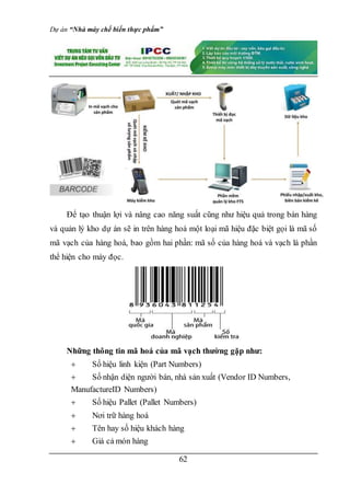 Dự án “Nhà máy chế biến thực phẩm”
62
Để tạo thuận lợi và nâng cao năng suất cũng như hiệu quả trong bán hàng
và quản lý kho dự án sẽ in trên hàng hoá một loại mã hiệu đặc biệt gọi là mã số
mã vạch của hàng hoá, bao gồm hai phần: mã số của hàng hoá và vạch là phần
thể hiện cho máy đọc.
Những thông tin mã hoá của mã vạch thường gặp như:
 Số hiệu linh kiện (Part Numbers)
 Số nhận diện người bán, nhà sản xuất (Vendor ID Numbers,
ManufactureID Numbers)
 Số hiệu Pallet (Pallet Numbers)
 Nơi trữ hàng hoá
 Tên hay số hiệu khách hàng
 Giá cả món hàng
 