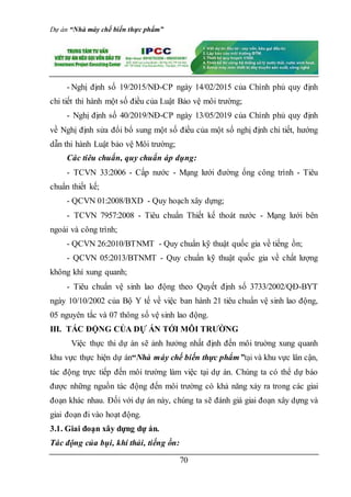 Dự án “Nhà máy chế biến thực phẩm”
70
- Nghị định số 19/2015/NĐ-CP ngày 14/02/2015 của Chính phủ quy định
chi tiết thi hành một số điều của Luật Bảo vệ môi trường;
- Nghị định số 40/2019/NĐ-CP ngày 13/05/2019 của Chính phủ quy định
về Nghị định sửa đổi bổ sung một số điều của một số nghị định chi tiết, hướng
dẫn thi hành Luật bảo vệ Môi trường;
Các tiêu chuẩn, quy chuẩn áp dụng:
- TCVN 33:2006 - Cấp nước - Mạng lưới đường ống công trình - Tiêu
chuẩn thiết kế;
- QCVN 01:2008/BXD - Quy hoạch xây dựng;
- TCVN 7957:2008 - Tiêu chuẩn Thiết kế thoát nước - Mạng lưới bên
ngoài và công trình;
- QCVN 26:2010/BTNMT - Quy chuẩn kỹ thuật quốc gia về tiếng ồn;
- QCVN 05:2013/BTNMT - Quy chuẩn kỹ thuật quốc gia về chất lượng
không khí xung quanh;
- Tiêu chuẩn vệ sinh lao động theo Quyết định số 3733/2002/QĐ-BYT
ngày 10/10/2002 của Bộ Y tế về việc ban hành 21 tiêu chuẩn vệ sinh lao động,
05 nguyên tắc và 07 thông số vệ sinh lao động.
III. TÁC ĐỘNG CỦA DỰ ÁN TỚI MÔI TRƯỜNG
Việc thực thi dự án sẽ ảnh hưởng nhất định đến môi truờng xung quanh
khu vực thực hiện dự án“Nhà máy chế biến thực phẩm”tại và khu vực lân cận,
tác động trực tiếp đến môi trường làm việc tại dự án. Chúng ta có thể dự báo
được những nguồn tác động đến môi trường có khả năng xảy ra trong các giai
đoạn khác nhau. Đối với dự án này, chúng ta sẽ đánh giá giai đoạn xây dựng và
giai đoạn đi vào hoạt động.
3.1. Giai đoạn xây dựng dự án.
Tác động của bụi, khí thải, tiếng ồn:
 