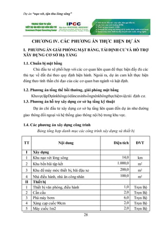 Dự án “nạo vét, tận thu lòng sông”
28
CHƯƠNG IV. CÁC PHƯƠNG ÁN THỰC HIỆN DỰ ÁN
I. PHƯƠNG ÁN GIẢI PHÓNG MẶT BẰNG, TÁI ĐỊNH CƯ VÀ HỖ TRỢ
XÂY DỰNG CƠ SỞ HẠ TẦNG
1.1. Chuẩn bị mặt bằng
Chủ đầu tư sẽ phối hợp với các cơ quan liên quan để thực hiện đầy đủ các
thủ tục về đất đai theo quy định hiện hành. Ngoài ra, dự án cam kết thực hiện
đúng theo tinh thần chỉ đạo của các cơ quan ban ngành và luật định.
1.2. Phương án tổng thể bồi thường, giải phóng mặt bằng
KhuvựclậpDựánkhôngcódâncưsinhsốngnênkhôngthựchiệnviệctái định cư.
1.3. Phương án hỗ trợ xây dựng cơ sở hạ tầng kỹ thuật
Dự án chỉ đầu tư xây dựng cơ sở hạ tầng liên quan đến dự án như đường
giao thông đối ngoại và hệ thống giao thông nội bộ trong khu vực.
1.4. Các phương án xây dựng công trình
Bảng tổng hợp danh mục các công trình xây dựng và thiết bị
TT Nội dung Diện tích ĐVT
I Xây dựng
1 Khu nạo vét lòng sông 14,0 km
2 Khu bến bãi tập kết 1.000,0 m2
3 Khu để máy móc thiết bị, bãi đậu xe 200,0 m2
4 Nhà điều hành, nhà ăn công nhân 100,0 m2
II Thiết bị
1 Thiết bị văn phòng, điều hành 1,0 Trọn Bộ
2 Cần cẩu 2,0 Trọn Bộ
3 Phà máy bơm 6,0 Trọn Bộ
4 Xáng cạp cuốc 90cm 2,0 Trọn Bộ
5 Máy cuốc 1m2 2,0 Trọn Bộ
 
