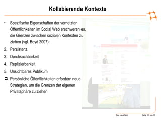 Kollabierende Kontexte Spezifische Eigenschaften der vernetzten Öffentlichkeiten im Social Web erschweren es, die Grenzen zwischen sozialen Kontexten zu ziehen (vgl. Boyd 2007): Persistenz Durchsuchbarkeit  Replizierbarkeit Unsichtbares Publikum Persönliche Öffentlichkeiten erfordern neue Strategien, um die Grenzen der eigenen Privatsphäre zu ziehen 