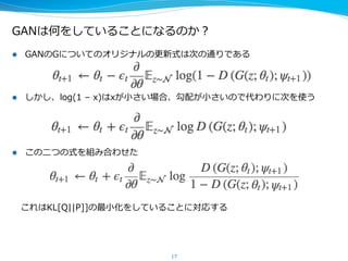 GANは何をしていることになるのか？
l  GANのGについてのオリジナルの更更新式は次の通りである
l  しかし、log(1  –  x)はxが⼩小さい場合、勾配が⼩小さいので代わりに次を使う
l  この⼆二つの式を組み合わせた
 　これはKL[Q||P]の最⼩小化をしていることに対応する
 　 　 　Q  :  ⽣生成モデルの分布,  P：経験分布
17
 